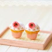Food Jewelry - Cupcake Earrings Post - Romantic Pink Cupcake Earrings with Gerbera Daisies
